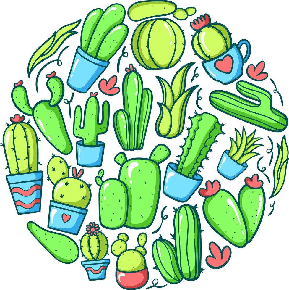 pacchetto di doodle di piante di cactus vettore