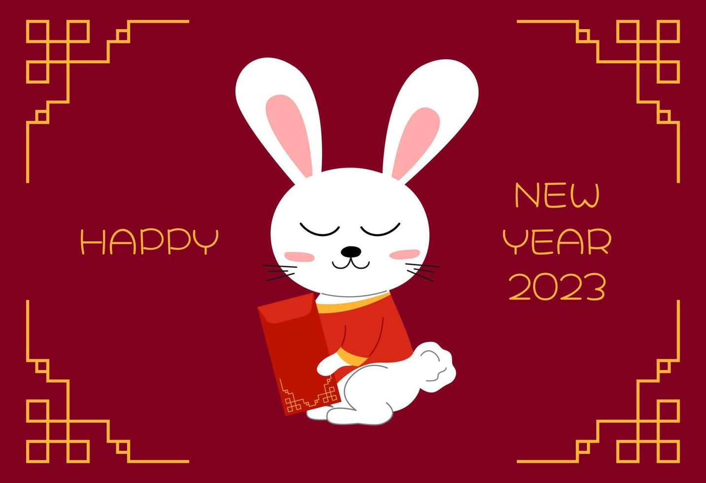 simbolo del coniglio cinese 2023. coniglio bianco simpatico cartone animato in abiti cinesi con busta rossa regalo. divertente personaggio coniglietto felice si siede e sorride su sfondo rosso. illustrazione piatta vettoriale