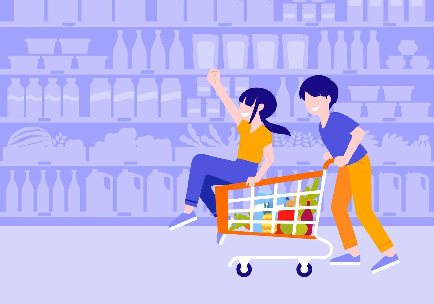 le coppie di giovani si divertono nel supermercato portando una ragazza sul carrello da un'illustrazione piana del fumetto dell'uomo vettore