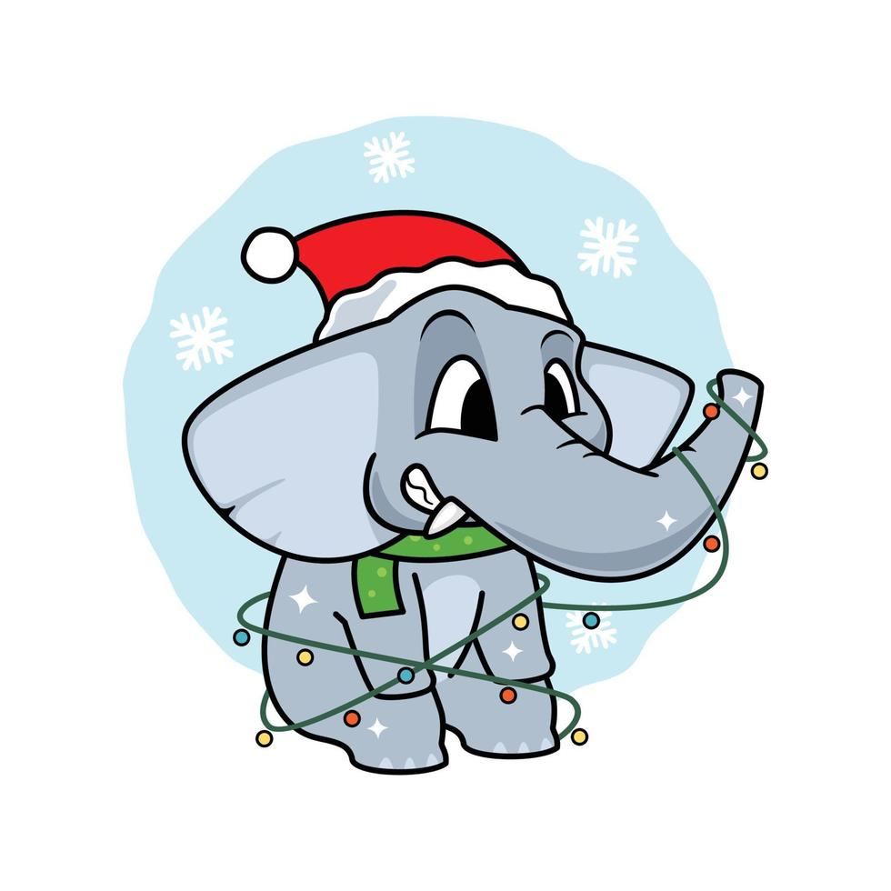 carino elefante natale con ghirlanda di luce disegnata a mano vettore cartone animato illustrazione