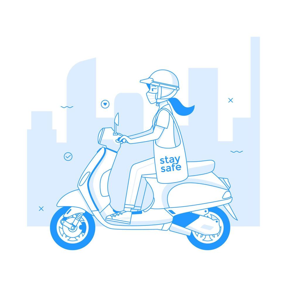 la ragazza su uno scooter indossa una maschera protettiva per evitare il virus vettore