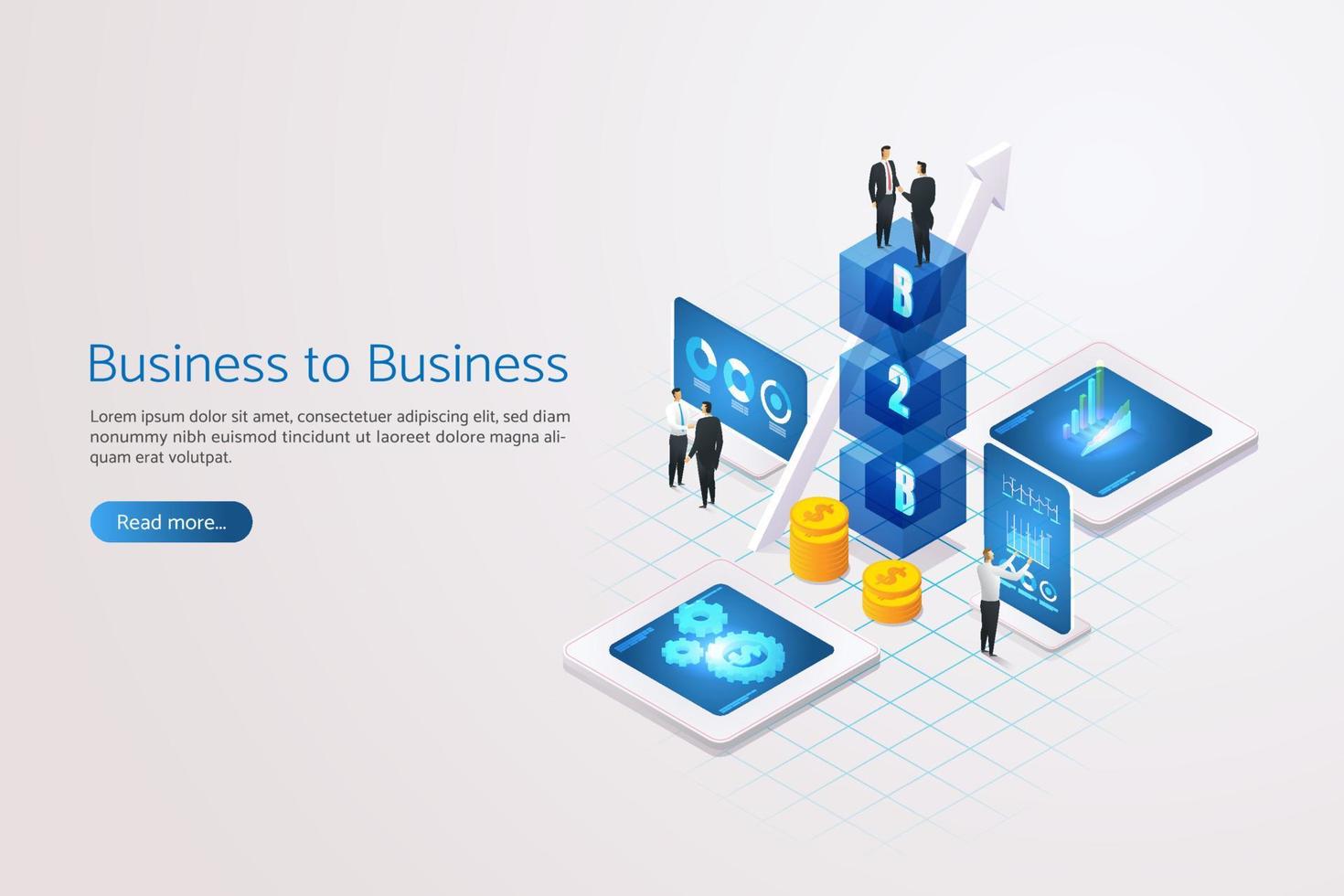 uomini d'affari si stringono la mano blocco b2b business-to-business, tecnologia, marketing. vettore