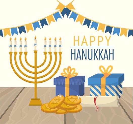 felice festa di hanukkah con bandiere di festa vettore