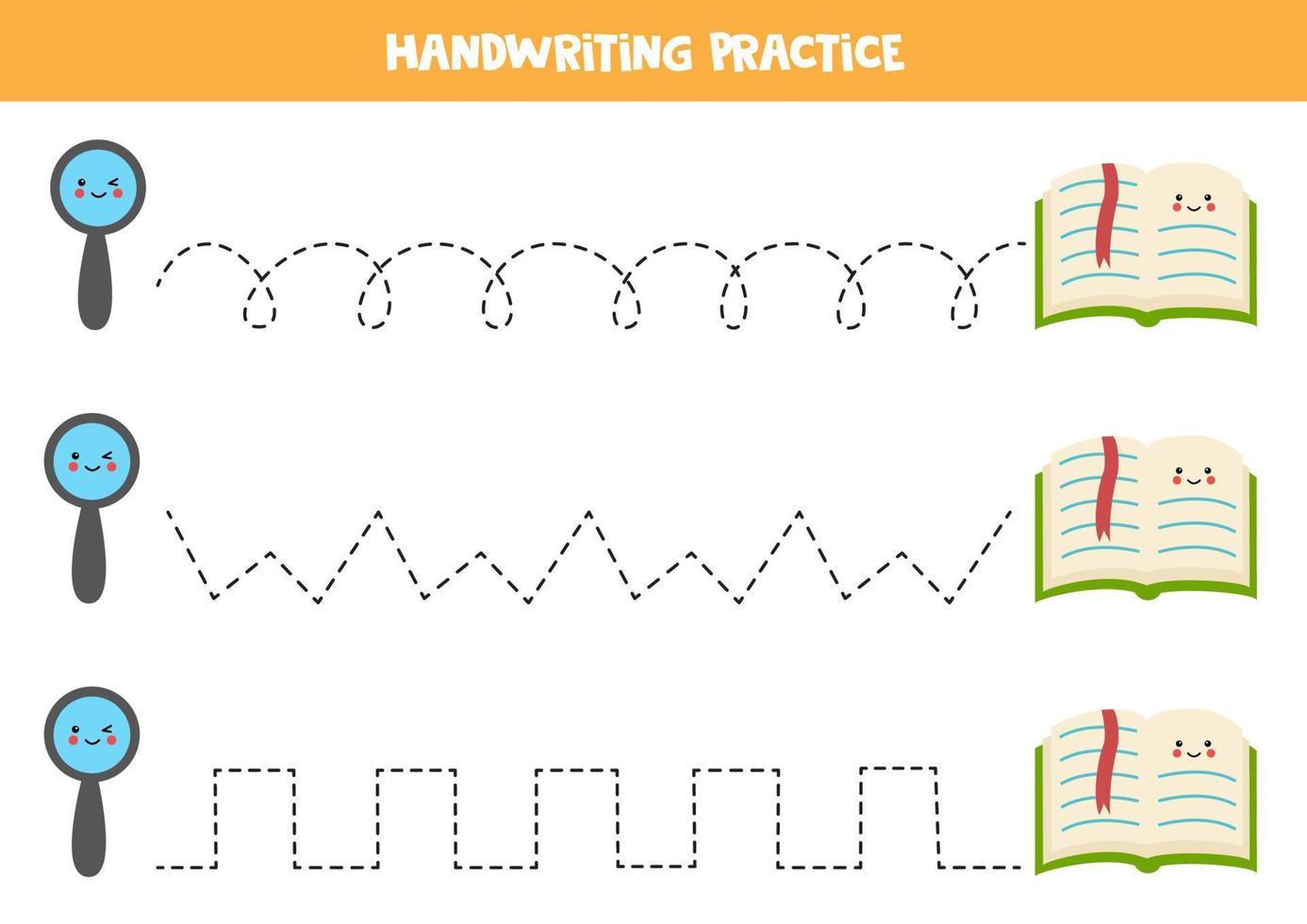 tracciare linee con graziose lenti di ingrandimento e libro. Pratica di scrittura. vettore