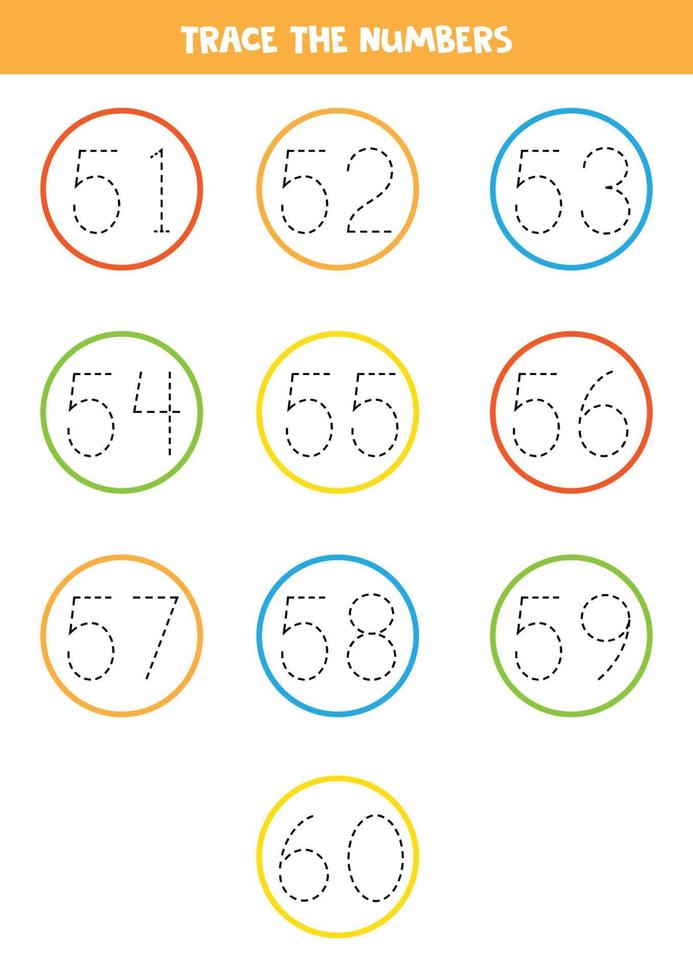 tracciare i numeri da 51 a 60. pratica di scrittura. vettore