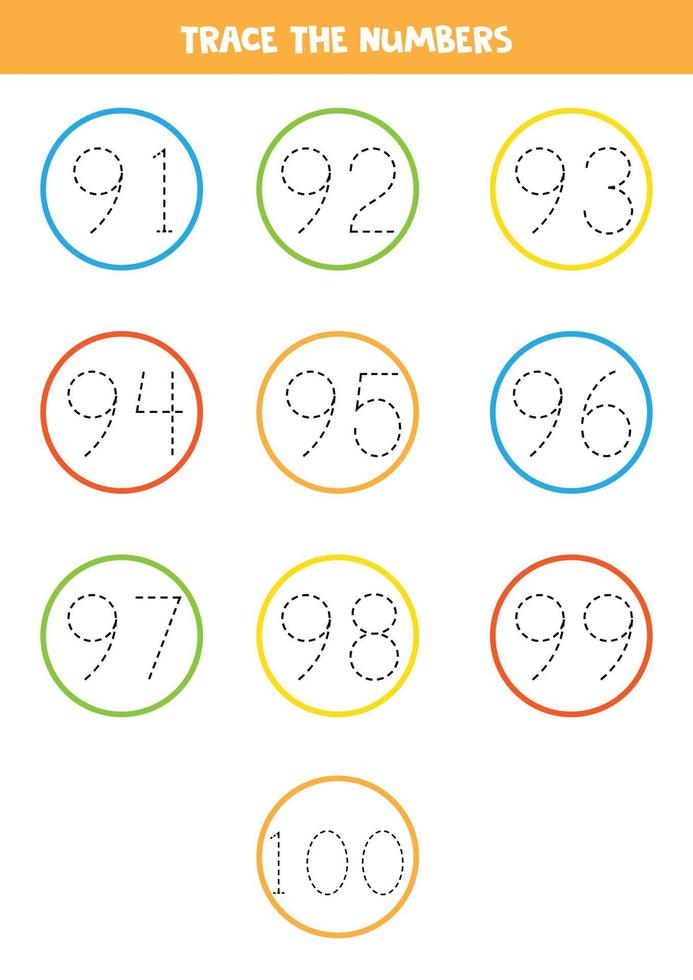 tracciare i numeri da 91 a 100. pratica di scrittura. vettore
