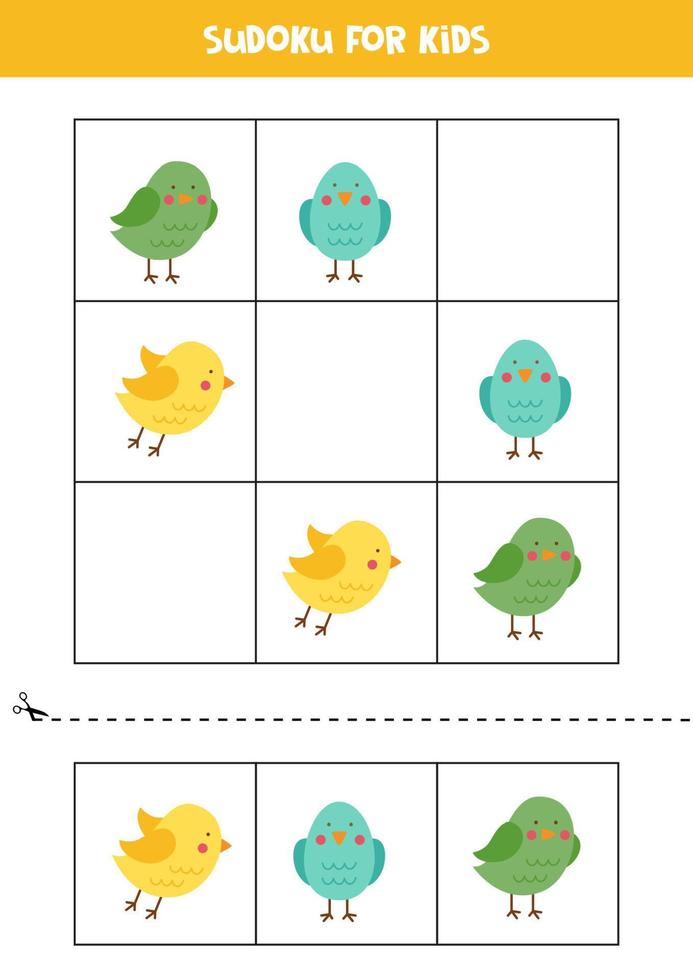 gioco di sudoku educativo con simpatici uccelli primaverili per bambini. vettore