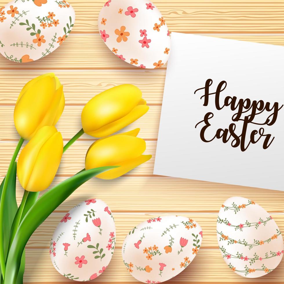 illustrazione vettoriale di uova di Pasqua con fiori di tulipani gialli e carta sullo sfondo di legno texture