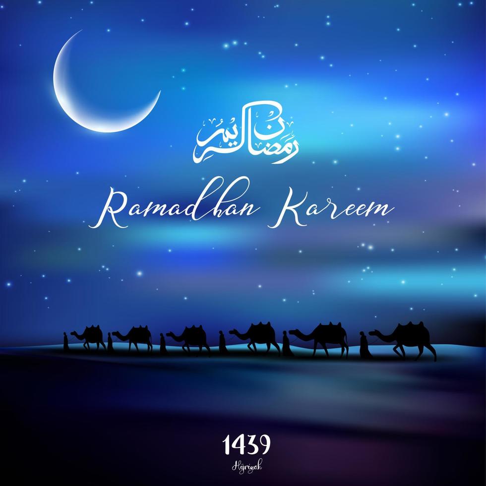 ramadan kareem con carovana di cammelli a piedi di notte nel deserto vettore