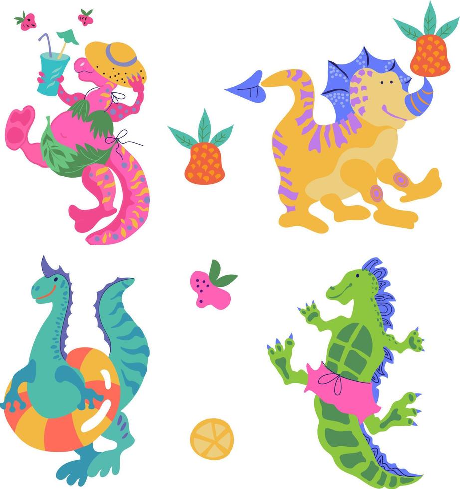 set di cartoni animati colorati dinosauri, piccoli mostri divertenti illustrazione vettoriale isolato su sfondo bianco. animali preistorici per stampe tessili e articoli per bambini.