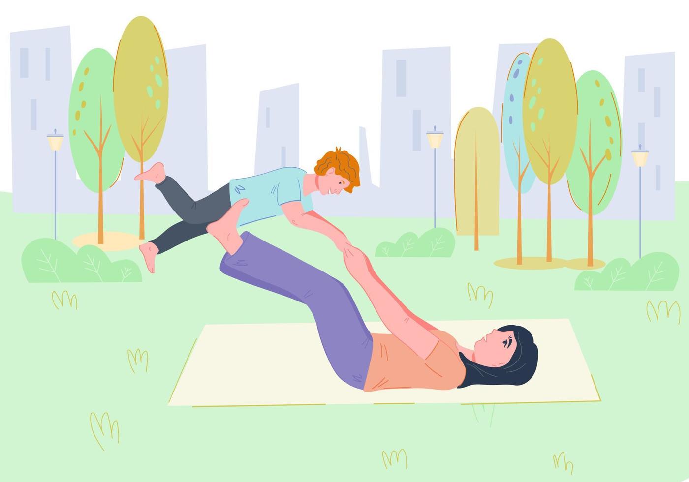 banner o poster di yoga per donne dopo il parto con madre e bambino che praticano sport all'aperto nel paesaggio del parco. recupero dopo il parto e uno stile di vita sano. illustrazione vettoriale piatta.