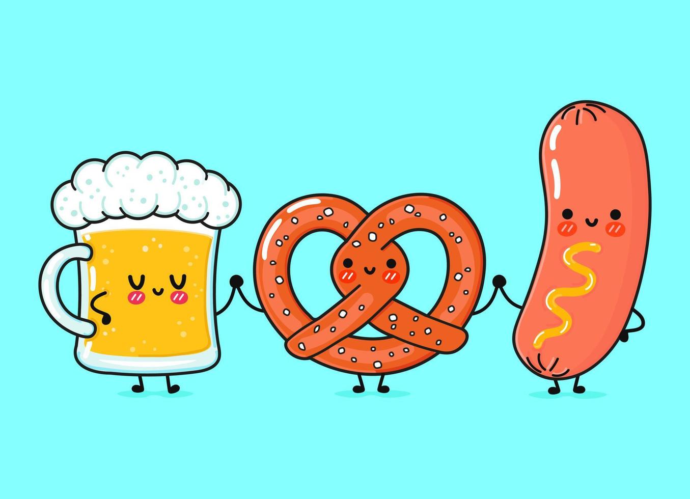 carino, divertente bicchiere di birra, pretzel e salsiccia con senape. personaggi kawaii del fumetto disegnato a mano di vettore, illustrazione. divertente cartone animato bicchiere di birra, pretzel e salsiccia senape mascotte amici vettore