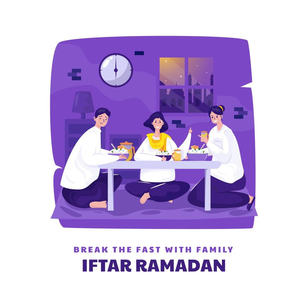 il design piatto rompe il digiuno o iftar ramadan con la famiglia vettore