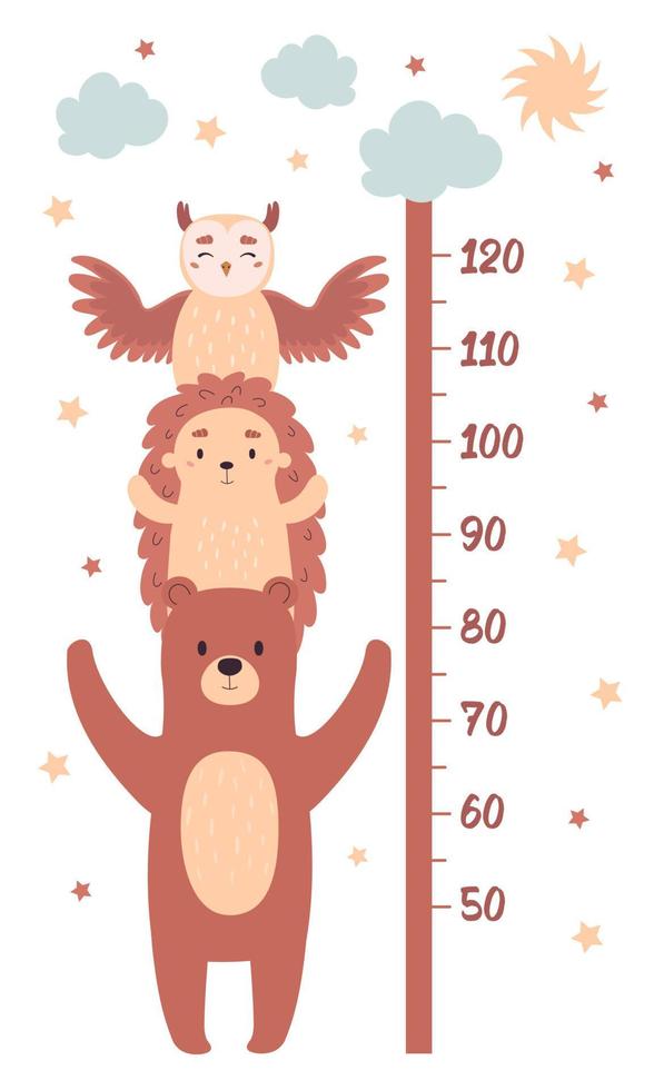 tabelle di altezza per il design della stanza dei bambini. misuratore di crescita per bambini con animali divertenti vettore