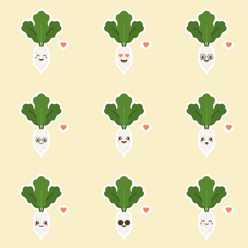simpatico e kawaii personaggio di ravanello bianco. illustrazione di carattere vegetale biologico felice sano vettore