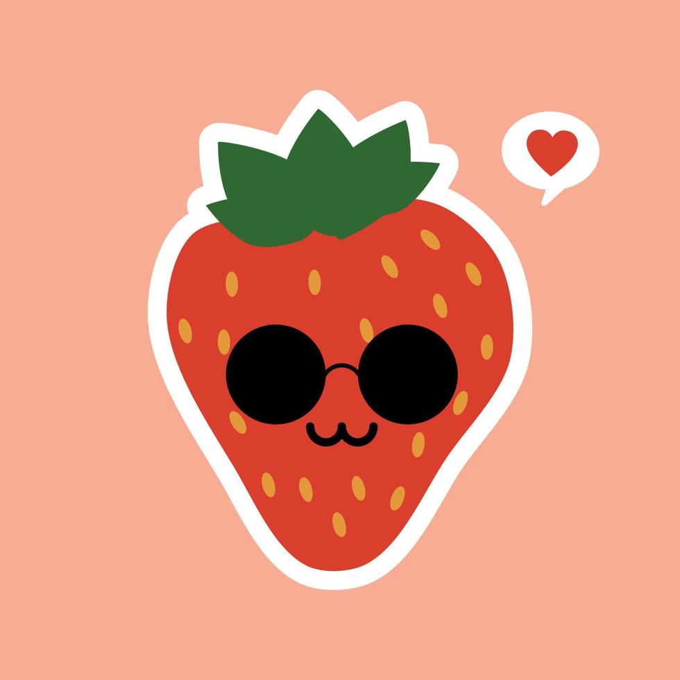 simpatico personaggio dei cartoni animati di frutta fragola isolato su sfondo colorato illustrazione vettoriale. icona faccia emoticon fragola divertente e amichevole. kawaii sorriso cartone animato viso cibo emoji, frutta comica vettore