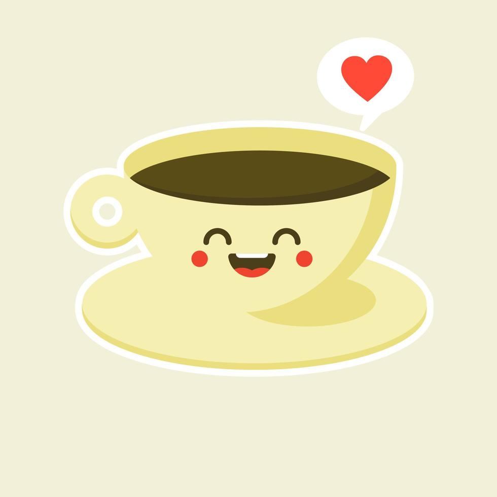 carattere felice del caffè nell'illustrazione di vettore di stile piano. personaggio dei cartoni animati della tazza di caffè con l'espressione divertente