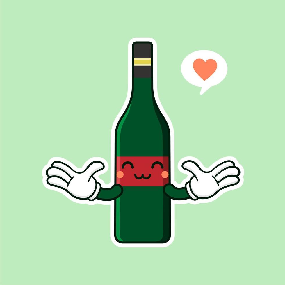 carino e kawaii bottiglia di vino personaggio dei cartoni animati stile piatto illustrazione vettoriale. modello di design del personaggio della bottiglia di vino in vetro sorridente funky per la carta dei vini o la mappa dei vini vettore