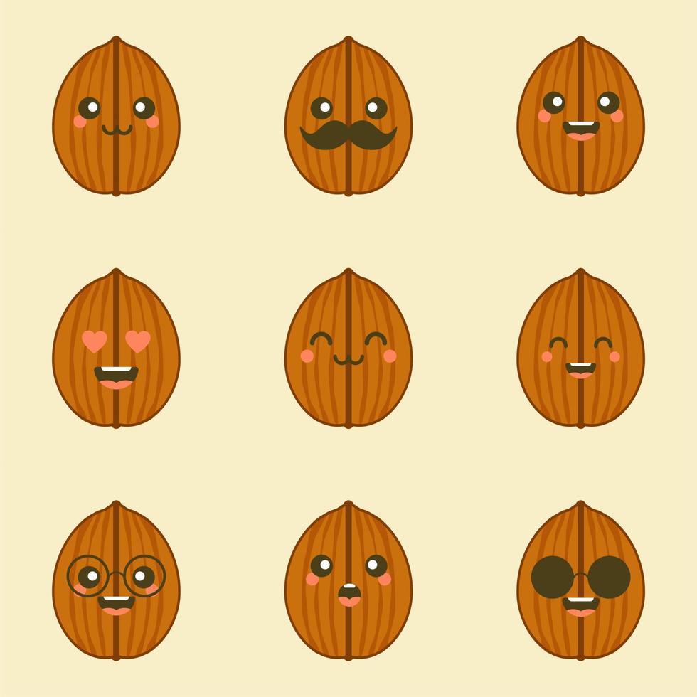 illustrazione vettoriale di design piatto in noce carino e kawaii. emoji di noce, emoticon con molte espressioni facciali