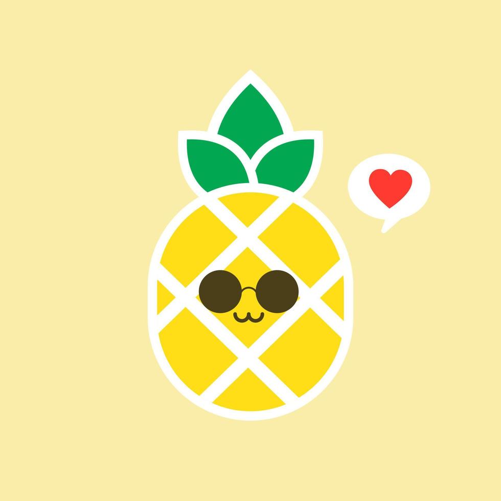 frutta di ananas felice con faccia kawaii carina, personaggio vegetariano divertente con frase, illustrazione in stile piatto per poster per bambini e design t-shirt estiva, isolato su sfondo colorato vettore