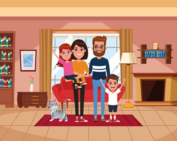 Famiglia dentro casa dei cartoni animati vettore