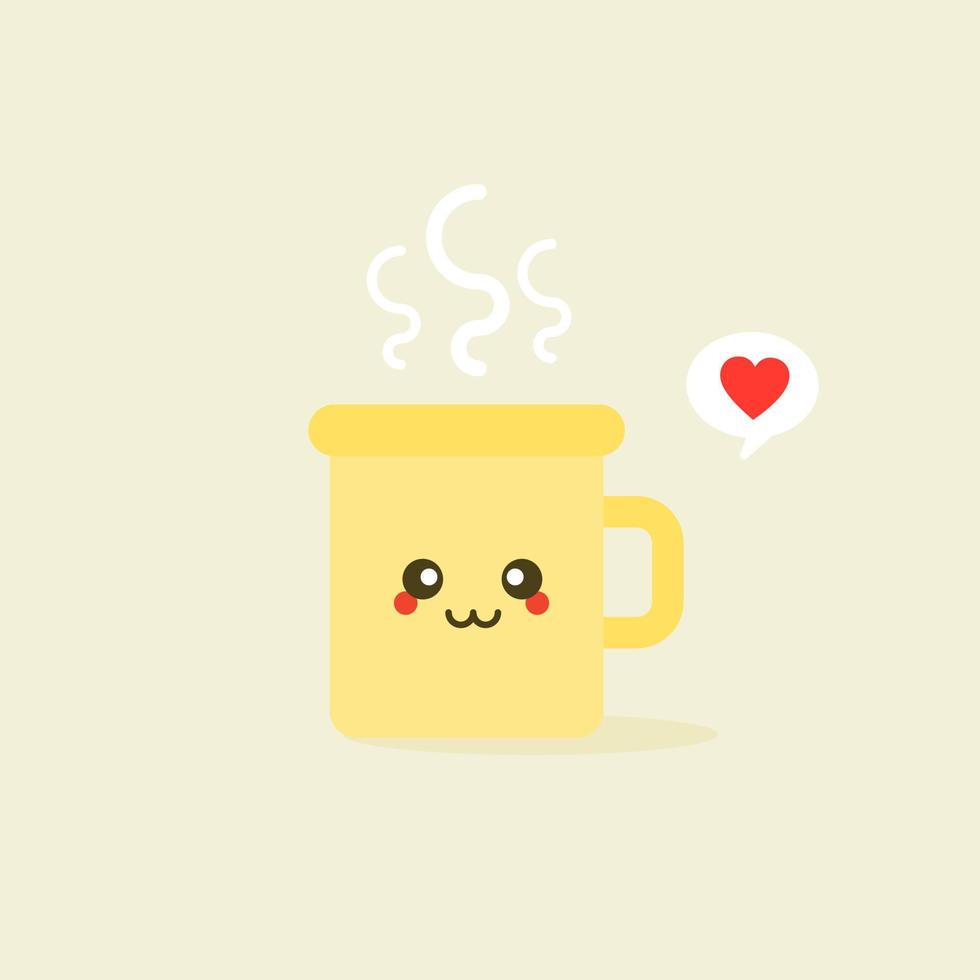 tazza emoji kawaii con guance e occhi. personaggio colorato di belle tazze di doodle in design piatti con facce di simpatici cartoni animati. caffè e tè caldi. illustrazione vettoriale. vettore