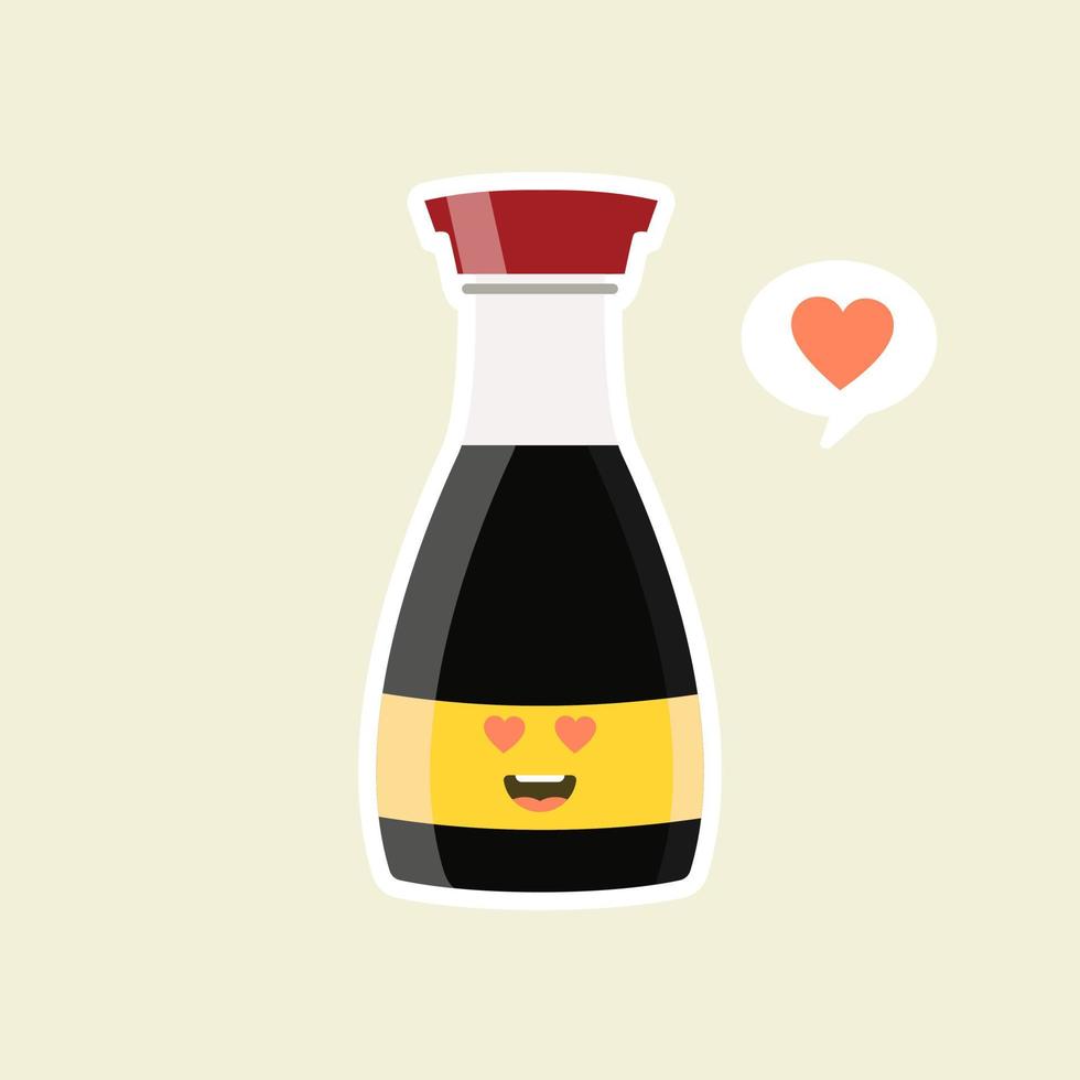 Kawaii e simpatica bottiglia di salsa di soia divertente e divertente. disegno dell'icona dell'illustrazione del personaggio dei cartoni animati di vettore isolato su sfondo colorato. può essere utilizzato per emoticon, emoji, adesivi
