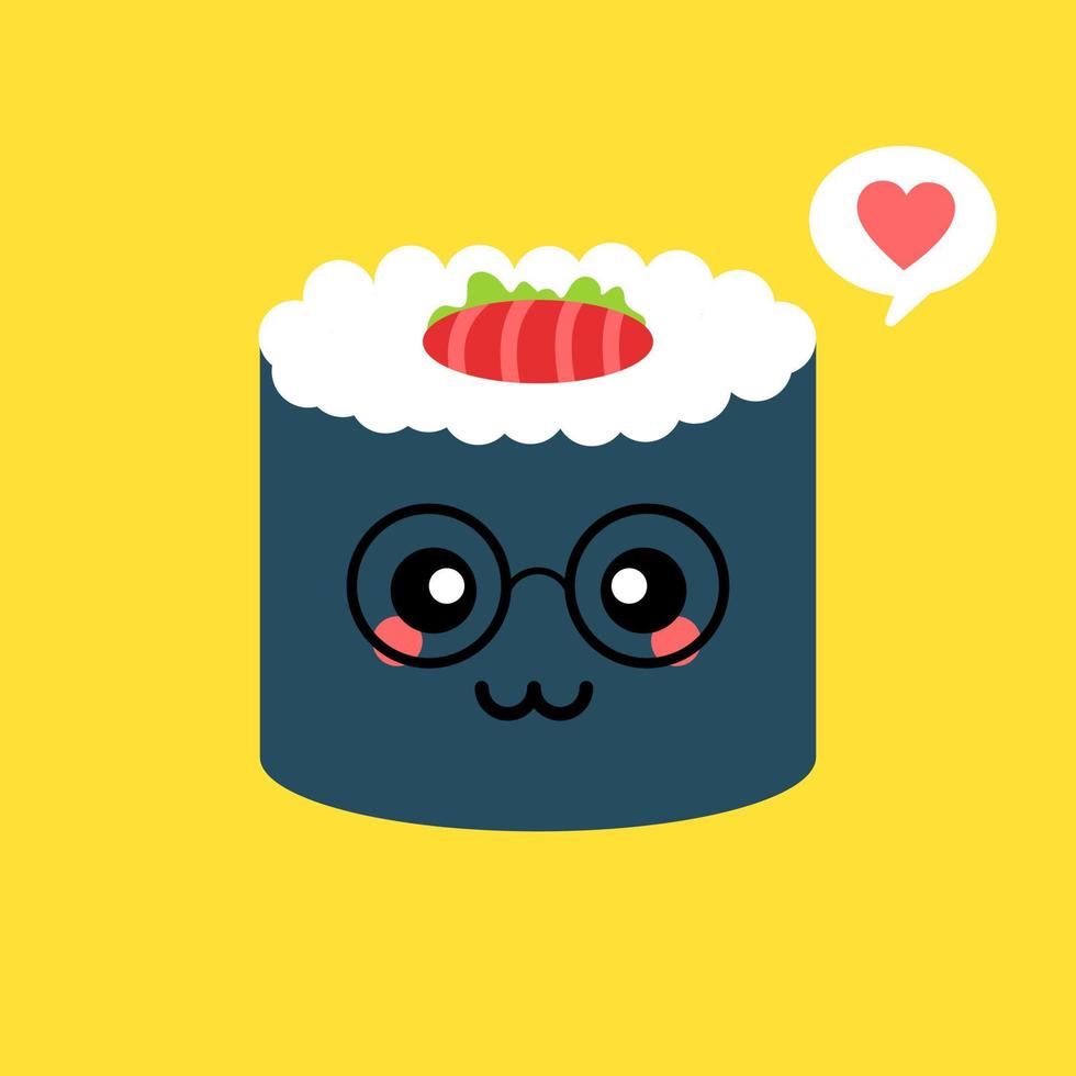 personaggio carino e kawaii rotolo di sushi. personaggio mascotte dei cartoni animati di rotolo di sushi felice. illustrazione vettoriale stile piatto isolato su sfondo colorato