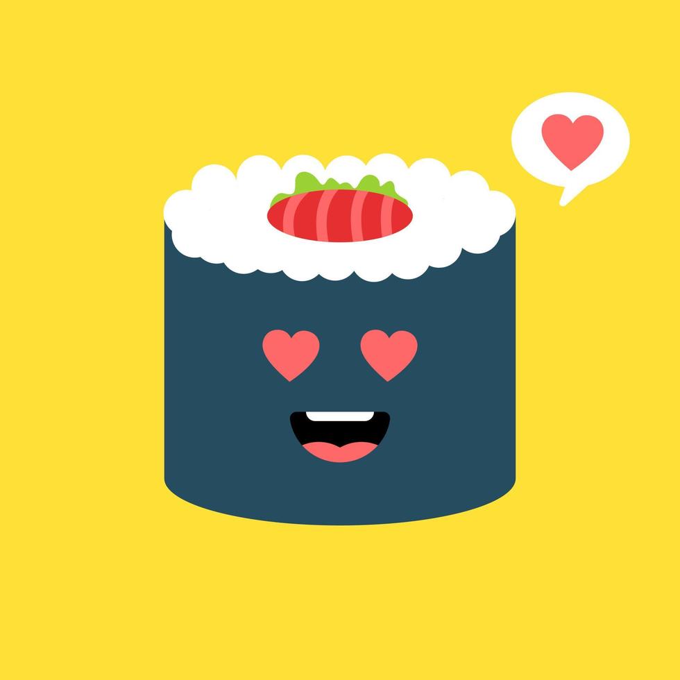personaggio carino e kawaii rotolo di sushi. personaggio mascotte dei cartoni animati di rotolo di sushi felice. illustrazione vettoriale stile piatto isolato su sfondo colorato