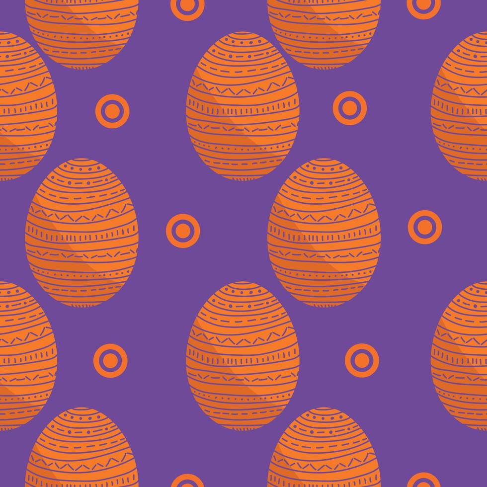 uova di Pasqua colore arancione scuro motivo senza cuciture, uova di vacanza modellate e cerchi arancioni su sfondo viola vettore