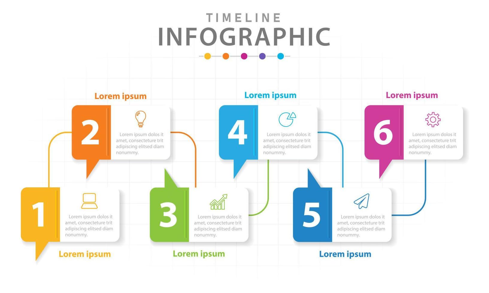 modello di infografica per le imprese. Diagramma temporale moderno a 6 passaggi con grafico a linee, infografica vettoriale di presentazione.