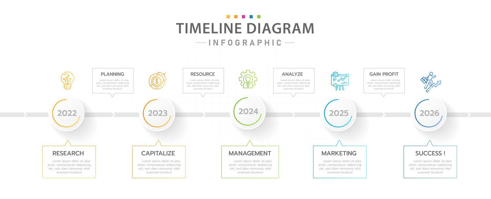 modello di infografica per le imprese. Diagramma temporale moderno a 5 passaggi con argomenti di pianificazione, infografica vettoriale di presentazione.