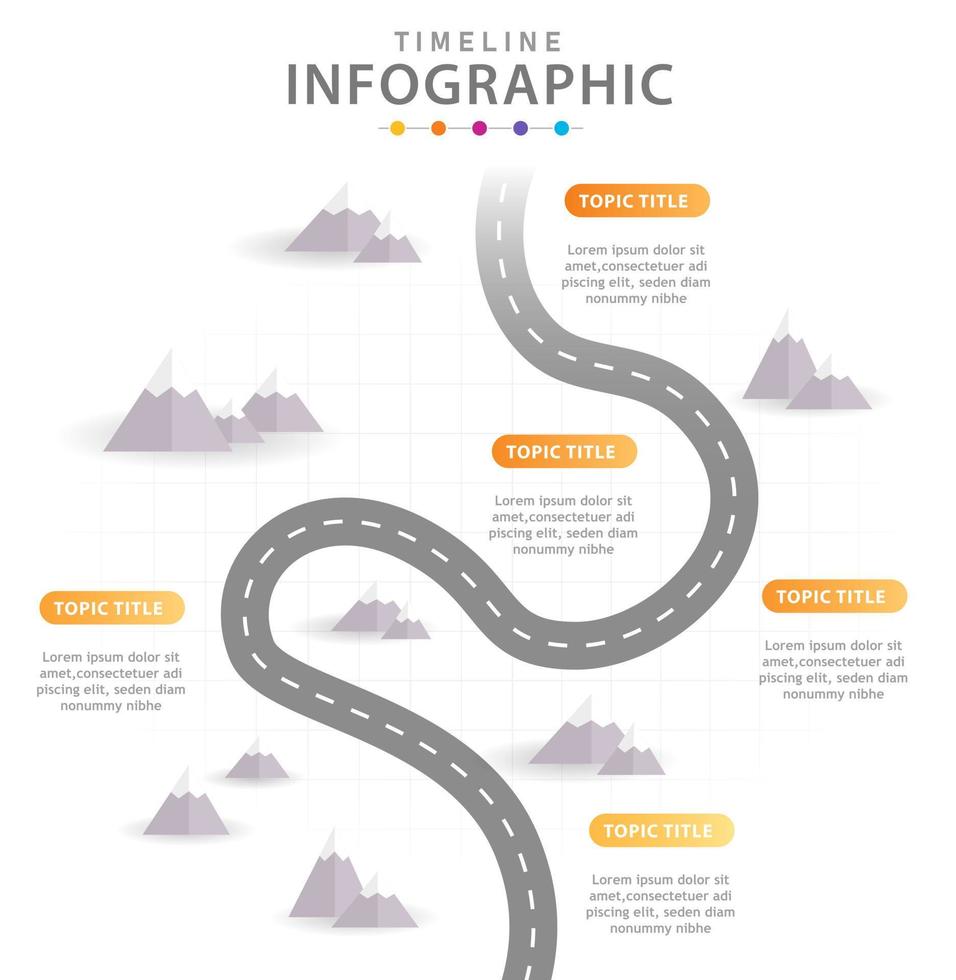 modello di infografica per le imprese. Diagramma temporale moderno a 6 passaggi con montagne, infografica vettoriale di presentazione.