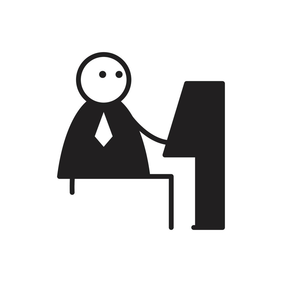 figura del bastone dell'uomo d'affari che si siede e che lavora sull'illustrazione del computer vettore