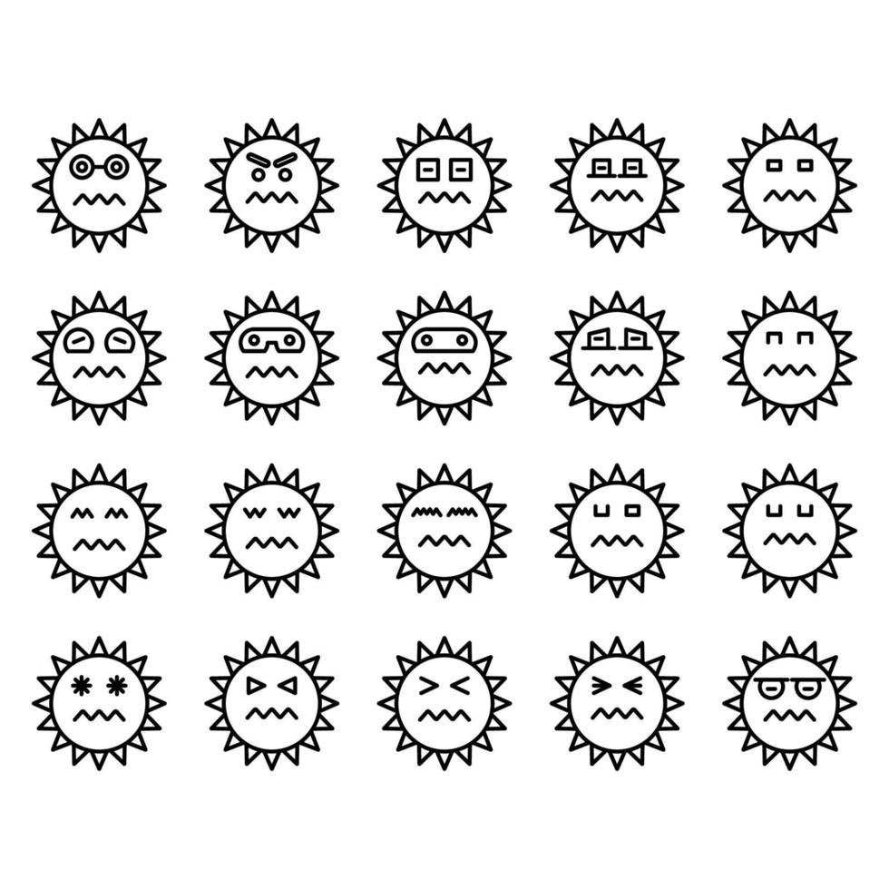 insieme dell'illustrazione della linea dell'emoticon del sole vettore