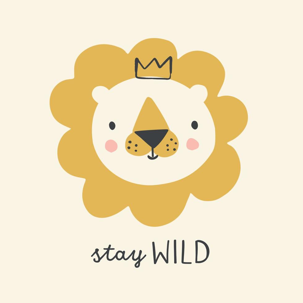 simpatico leone con corona disegnata a mano illustrazione vettoriale per i bambini. poster del vivaio rimanere selvaggio. carattere animale.