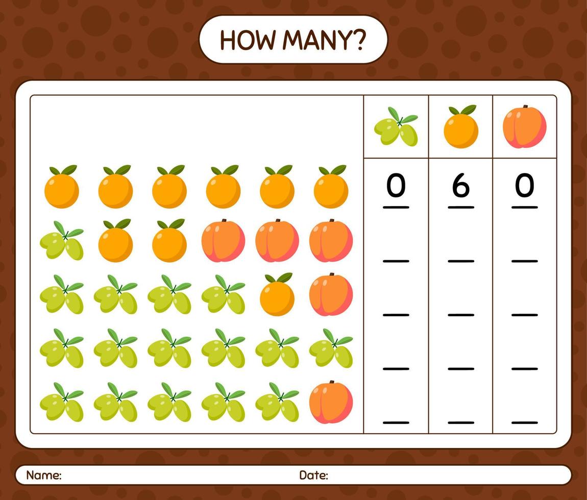 quanti contano il gioco con la frutta. foglio di lavoro per bambini in età prescolare, foglio di attività per bambini, foglio di lavoro stampabile vettore