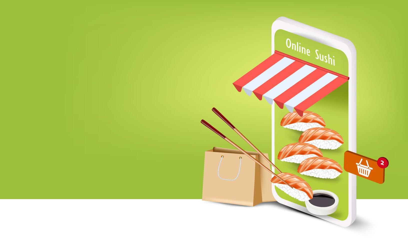 sushi con salsa e bacchette nell'applicazione per smartphone per l'ordine di sushi online vettore