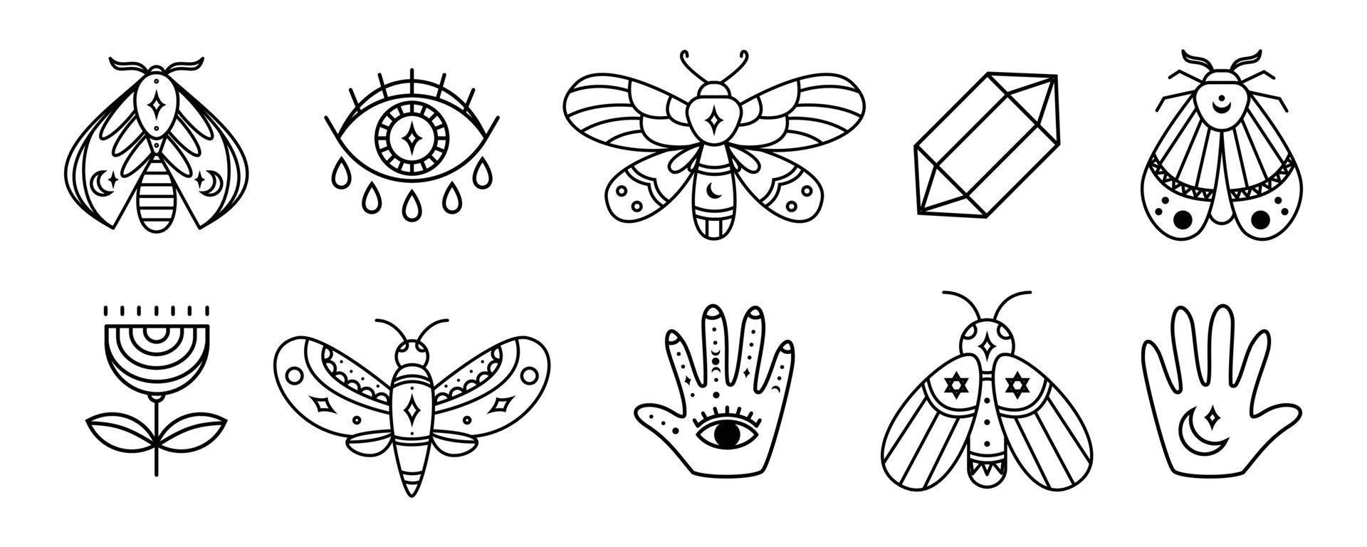 set di streghe e design magico con farfalla, mano, occhio divino, cristallo. illustrazione del simbolo boho e tarocchi vettore