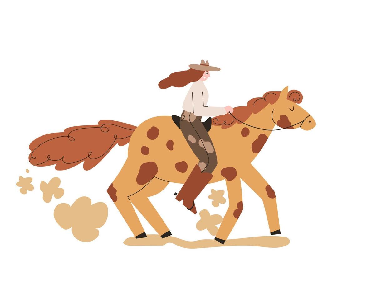 una ragazza cavalca un cavallo. cowboy, selvaggio west. illustrazione piatta. vettore