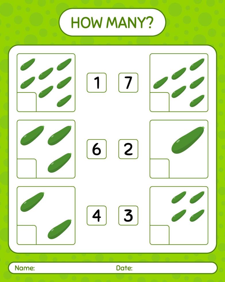 quanti giochi di conteggio con foglio di lavoro di zucchine per bambini in età prescolare, foglio di attività per bambini, foglio di lavoro stampabile vettore