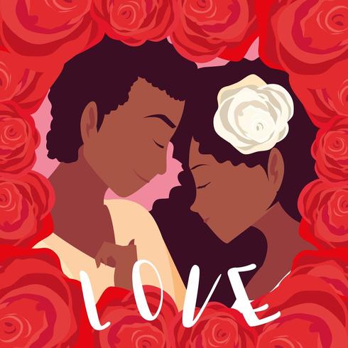 giovane coppia innamorata poster con cornice di rose vettore