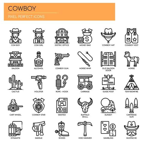 Icone da cowboy Elements, linea sottile e Pixel Perfect vettore