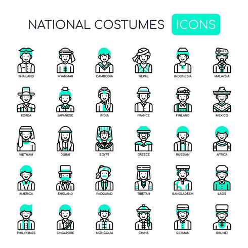 Costumi nazionali, linea sottile e icone pixel perfette vettore