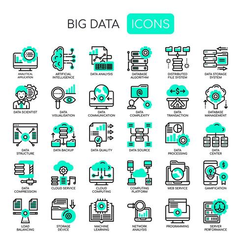Icone perfette per big data, linee sottili e pixel vettore