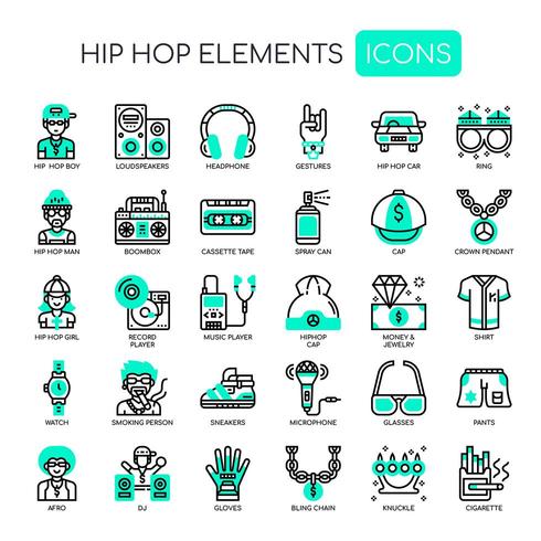 Elementi hip-hop, linea sottile e icone pixel perfette vettore