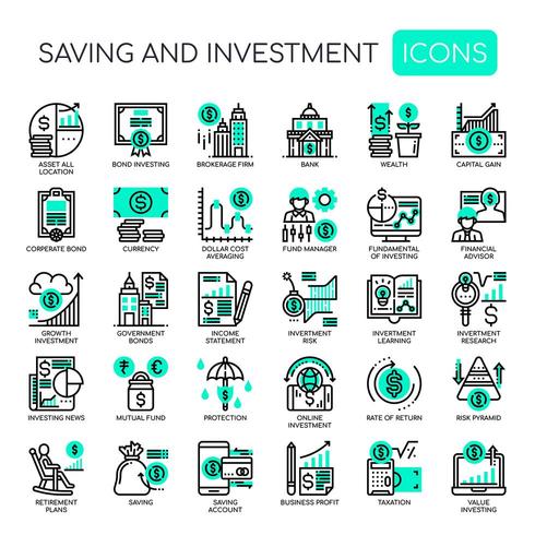 Risparmio e investimento, icone sottili e pixel perfetti vettore