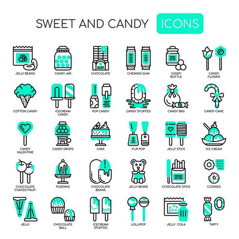 Icone dolci e caramelle, linea sottile e pixel perfetti vettore