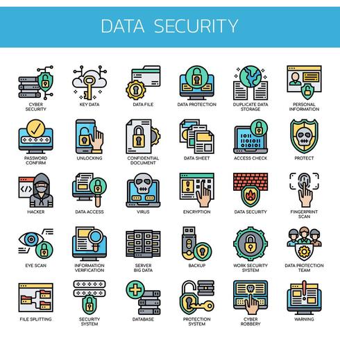 Sicurezza dei dati, linea sottile e icone pixel perfette vettore