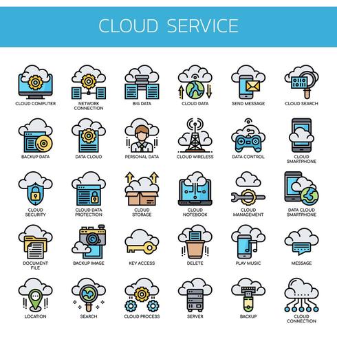 Servizio cloud, linea sottile e icone pixel perfette vettore